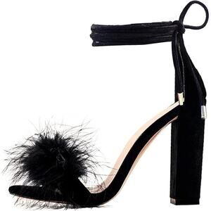 Richealnana Womens 5.5 Black Faux Suede Artificial Fur Feather 4.5" Heel Shoes